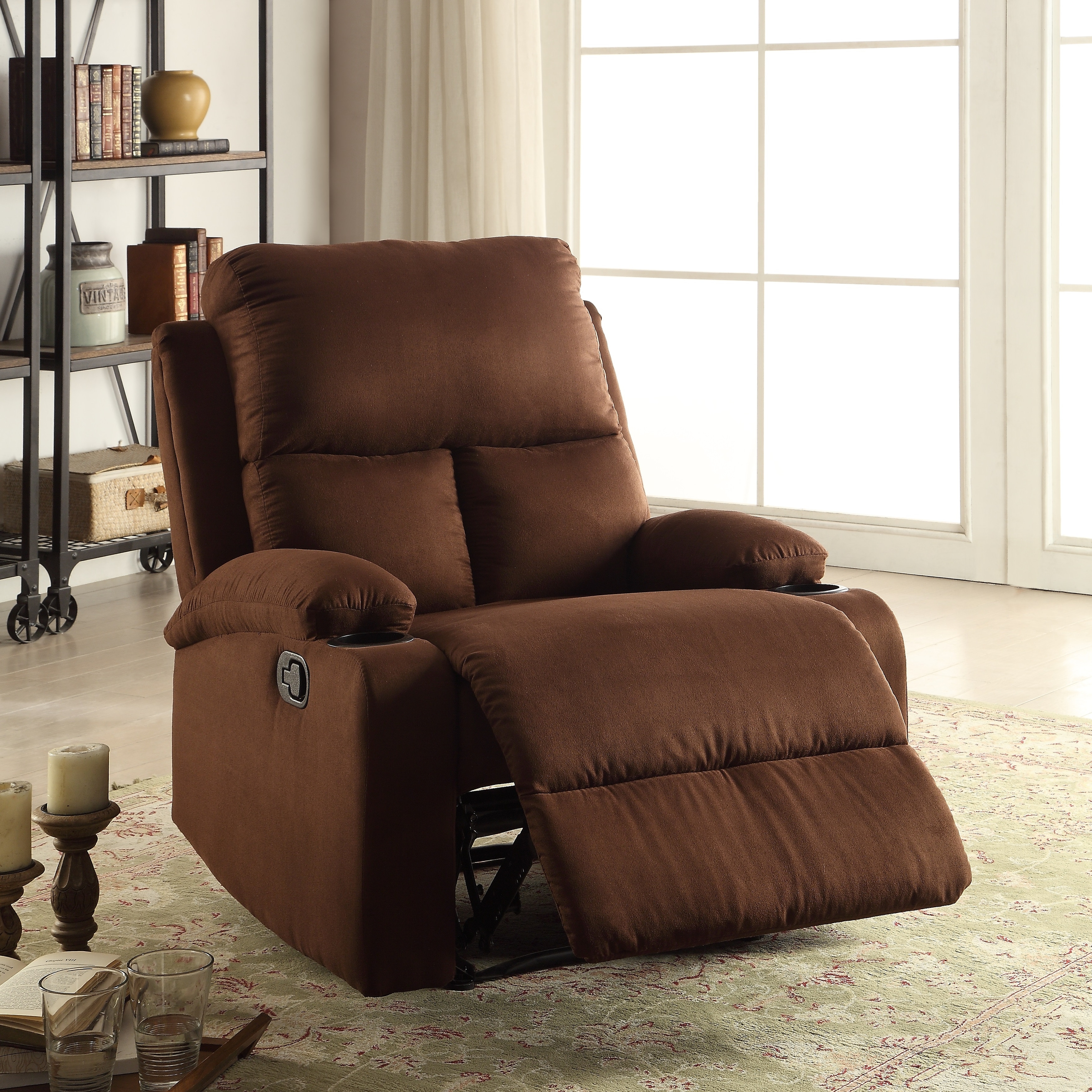 Chocolate Microfiber Vintage Motion Recliner with Tight Back & Seat Cushions  and Pillow Top Arm & Cup Holder - Bed Bath & Beyond - 38338360