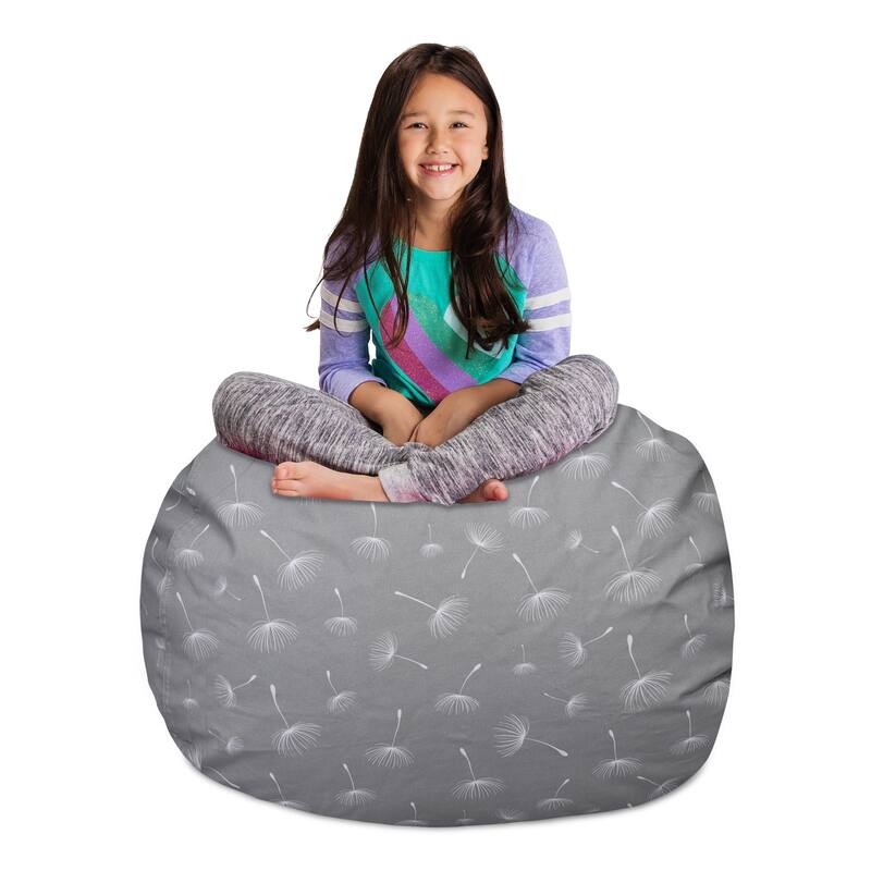 Kids Bean Bag Chair Cover Stuffed Animal Storage or Toy Organizer - 38 Inch Large - Canvas White Dandelions on Gray