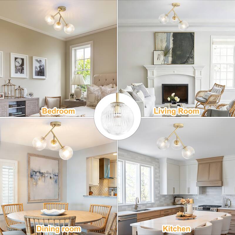 Modern 3-Light Semi-Flush Mount Light with Ribbed Glass Shades