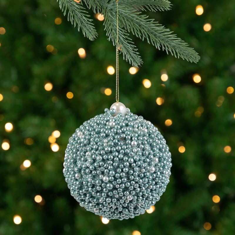 Glitter Beaded Christmas Ball Ornament - 4" - Seafoam Green