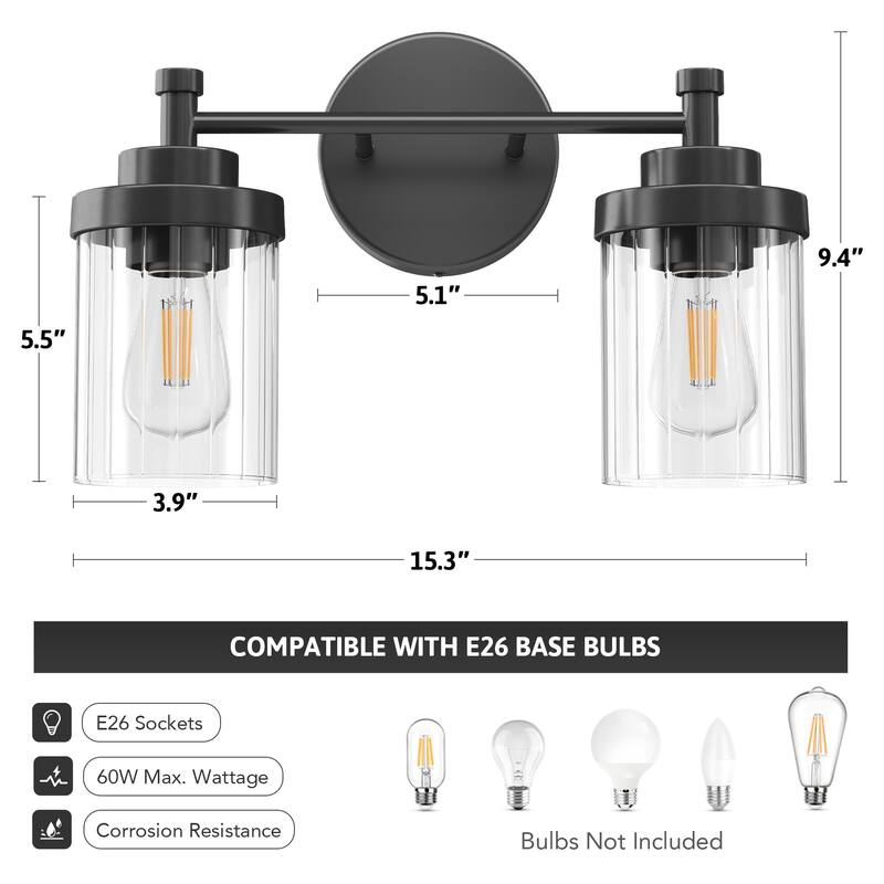 Modern Dimmable Vanity Light with Clear Ribbed Glass Shades E26 Sockets