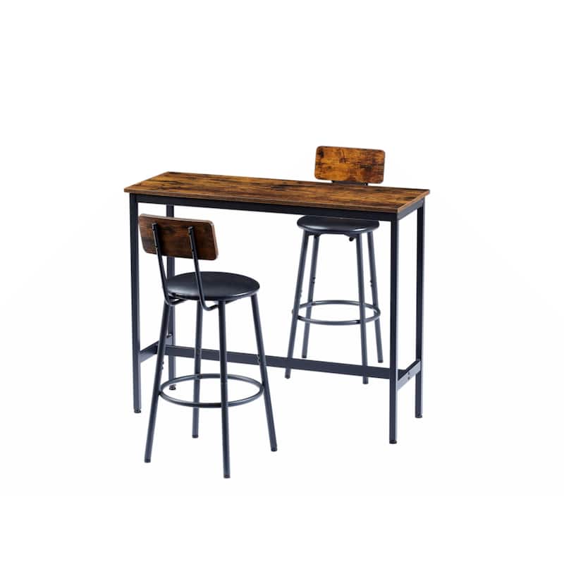 Bar Table Set with 2 Bar stools PU Soft seat with backrest, Rustic Brown