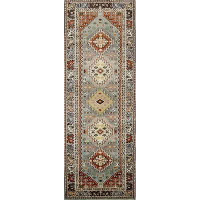 Hand Knotted Oriental 100% Wool Carpet Traditional Geometric Navy Blue & Blues Viss Runner Rug - 8' 0'' X 2' 7''