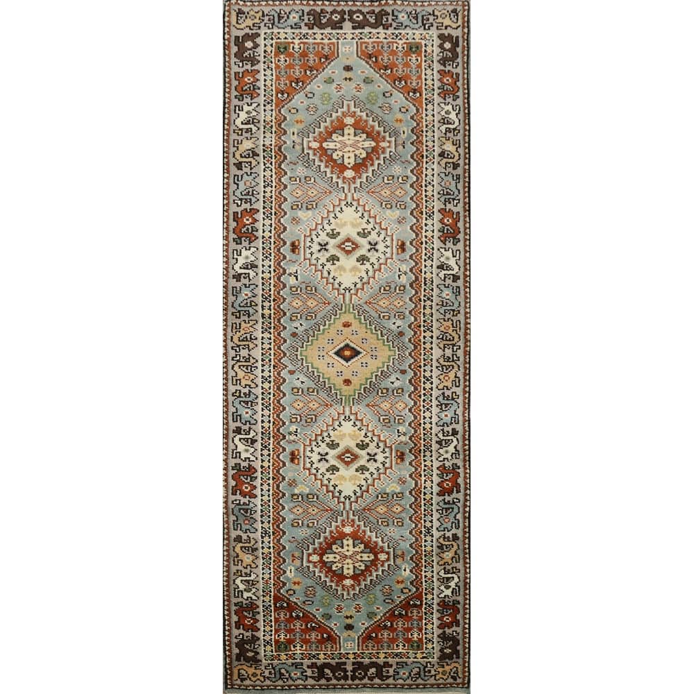 Hand Knotted Oriental 100% Wool Carpet Traditional Geometric Navy Blue & Blues Viss Runner Rug - 8' 0'' X 2' 7''