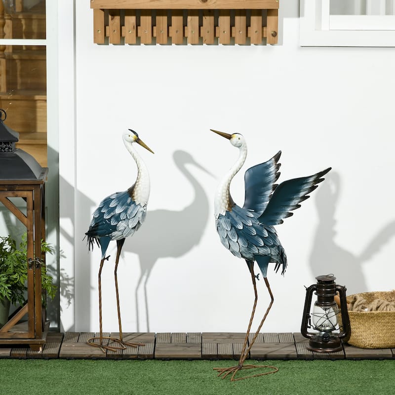 Outsunny Heron Garden Statues, 29" & 27.5" Standing Bird Sculptures, Metal Yard Art Decor for Lawn, Patio, Backyard - Blue