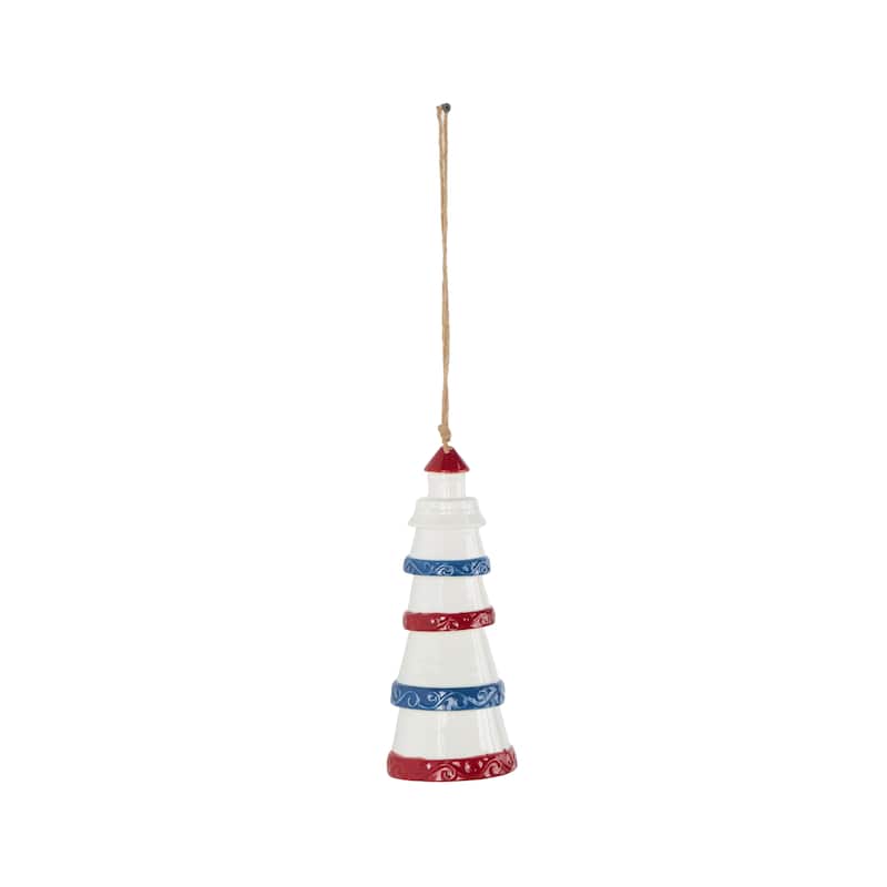 Ceramic Light House Windchime with Brown Rope and Blue and Red Accents - White - Roche River Decor