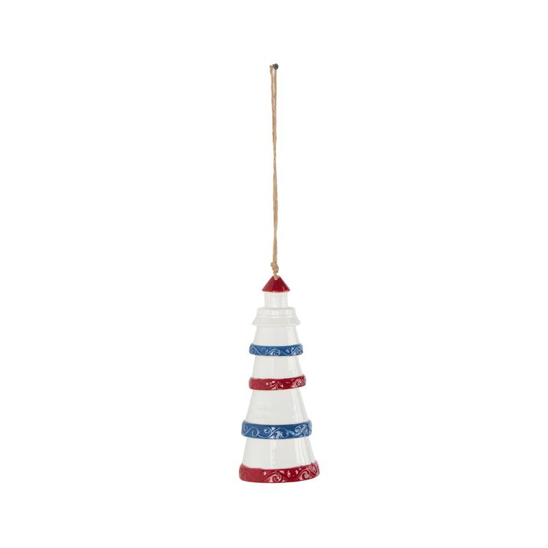 White Ceramic Light House Indoor Outdoor Windchime with Brown Rope and Blue and Red Accents