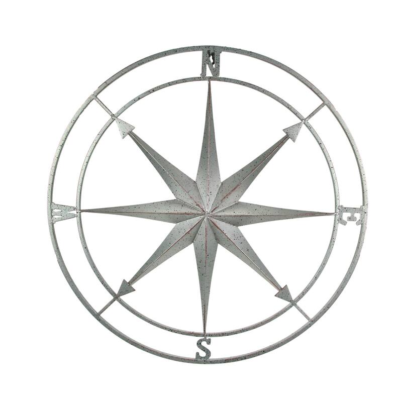 Silver Finish Framed Nautical Compass Rose Metal Wall Decor Hanging