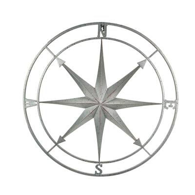 Silver Finish Framed Nautical Compass Rose Metal Wall Decor Hanging