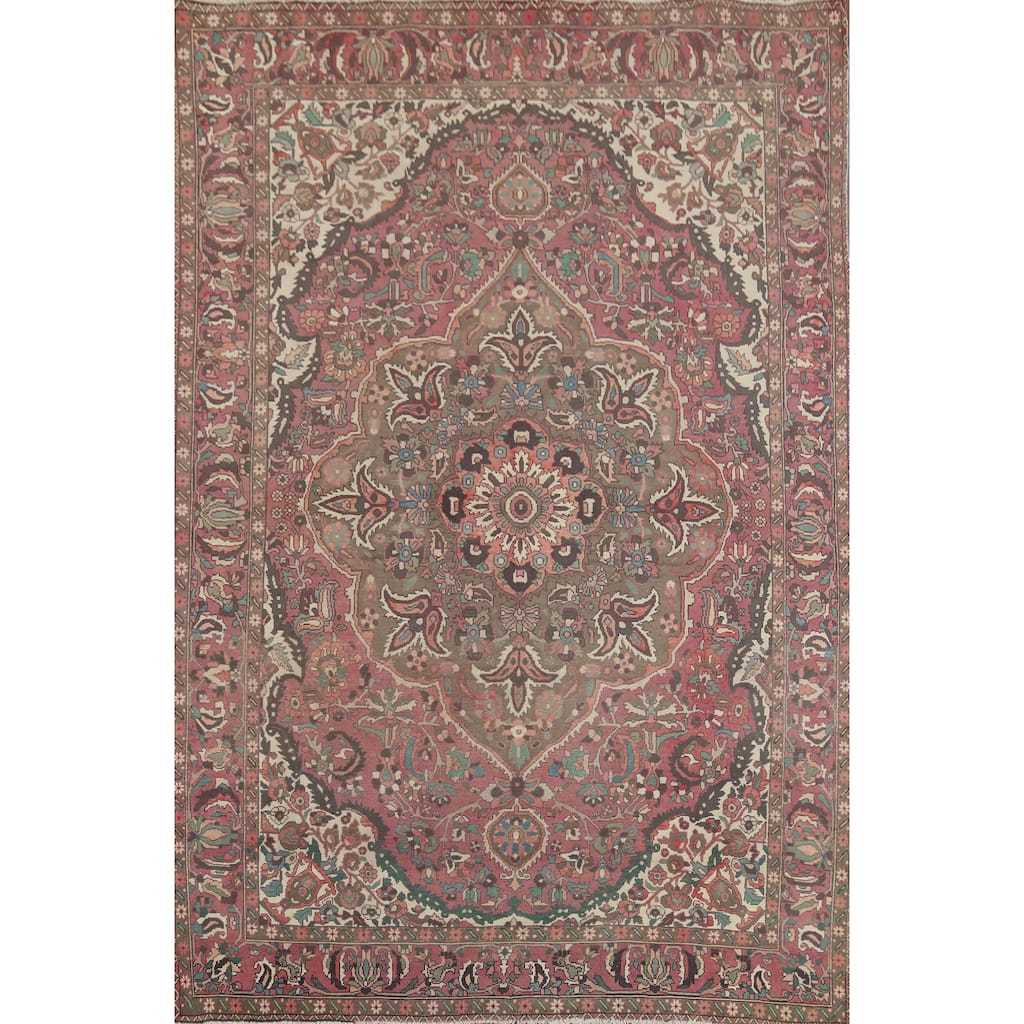 Pink Floral Bakhtiari Persian Vintage Rug Hand-Knotted Wool Carpet - 7'1"x 9'7"