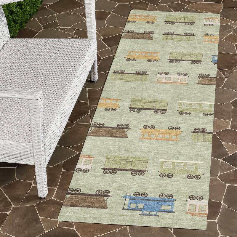 Machine Washable Indoor/ Outdoor Modern Train Chantille Rug - Celery - 2'3" x 7'6"