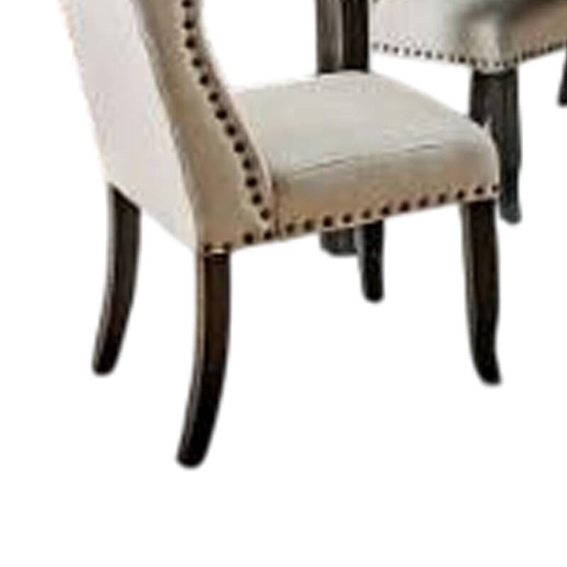 Bega 7pc Dining Table and Wingback Chair Set, Beige Linen, Black Wood