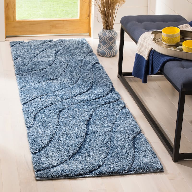 SAFAVIEH Florida Shag Hervor Soft Serene Waves 1.2-inch Thick Rug - 2'3" x 11' Runner - Light Blue/Blue - Runner