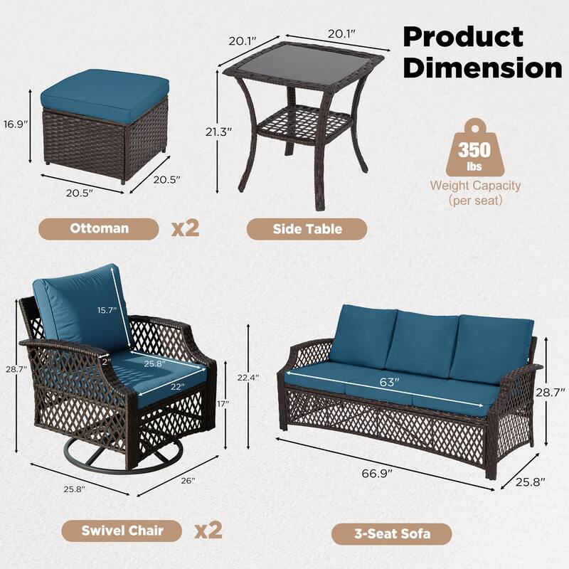 Outdoor Wicker Patio Set w Swivel Chairs & Sofa, Ottomans and Tables, Modular 3/5/6/7-Piece, All-Weather Conversation Set.