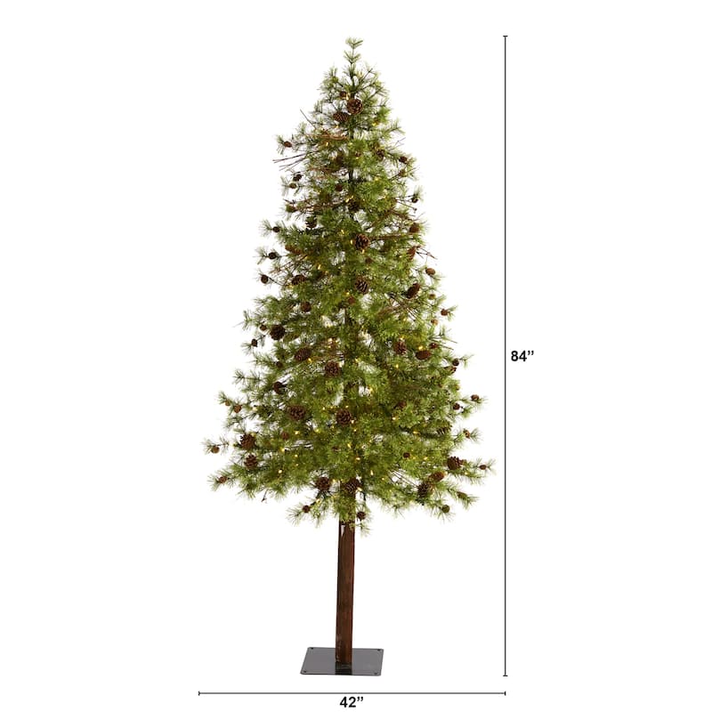 7ft Artificial Christmas Tree with Lights & Pine Cones - Holiday Decor, Slim Profile, Easy Setup - Green - 84