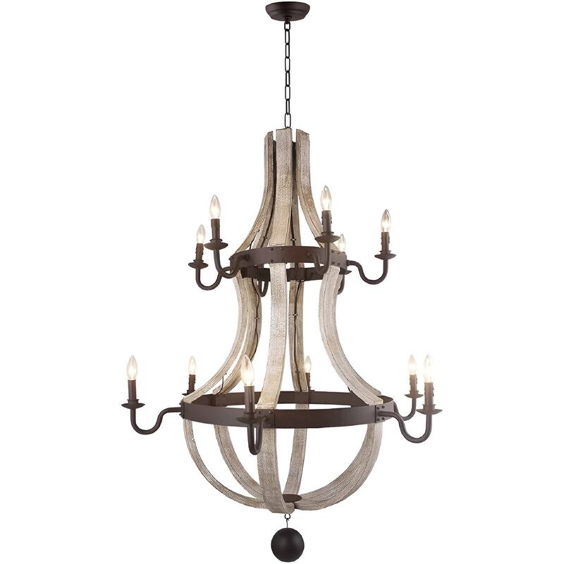 12 Light French Country Style Two Tier Wine Barrel Chandelier - Light Brown