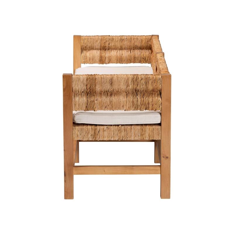 Ismael Accent Bench - Handwoven Seagrass Accent Seating with Mahogany Wood Frame, Raised Back Bench for Entryway or Living Room