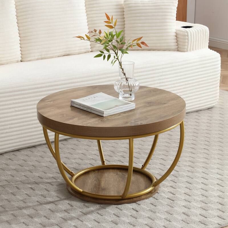 31" Round Industrial Coffee Table with 2-Tier Storage Shelves, Modern Wood & Golden Metal Accent Center Table