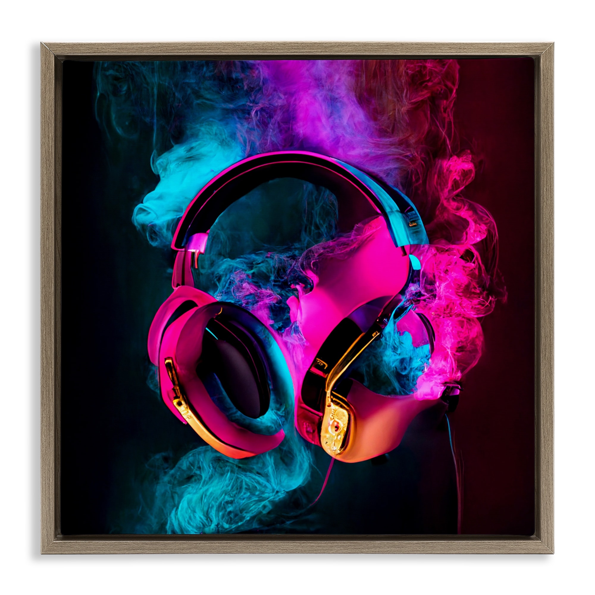 Stupell Power Play Pink & Blue Headphones Framed Floater Canvas Wall Art Design By Sasha