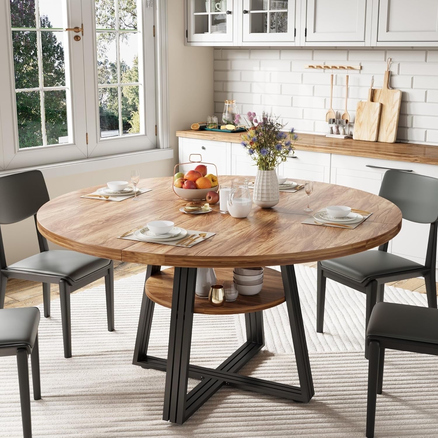 Round Dining Table for 4-6,Farmhouse Kitchen Table with 2-Tier Storage Shelf(Table Only)