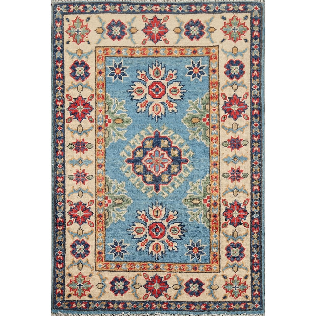 Light Blue Geometric Kazak Accent Rug Hand-Knotted Wool Carpet - 2'1"x 2'10"