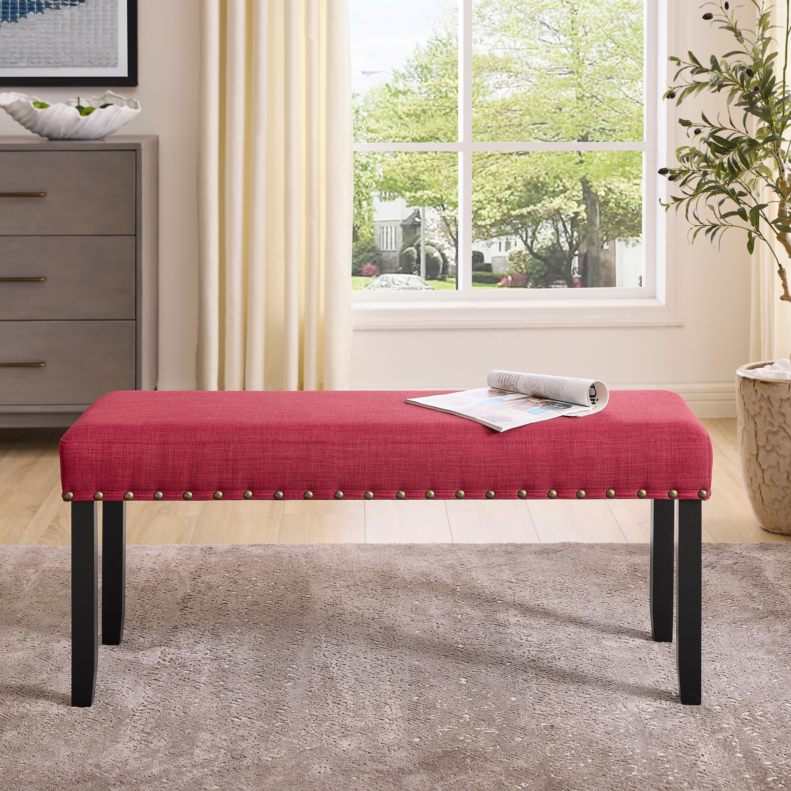 Roundhill Furniture Biony Fabric Dining Bench with Nailhead - Picture 22 of 30