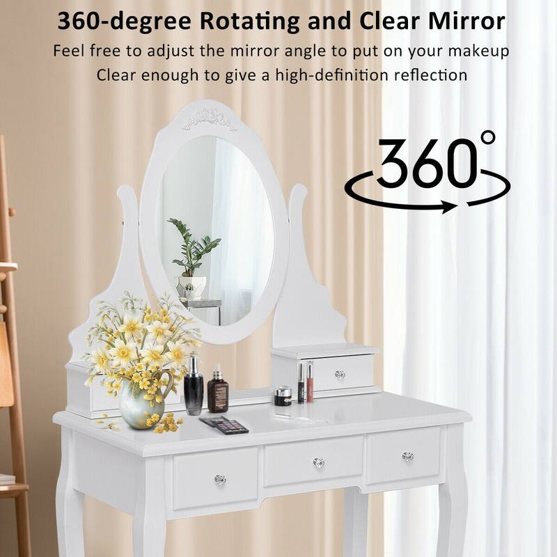 Gymax Bedroom Wooden Mirrored Makeup Vanity Set Stool Table Set White