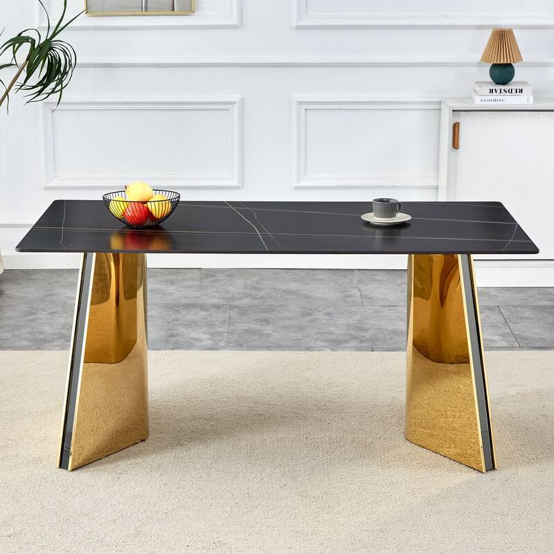 Roomfitters Black Marble Dining Table with Scratch Resistant Top and Silver Stainless Butterfly Legs, Black