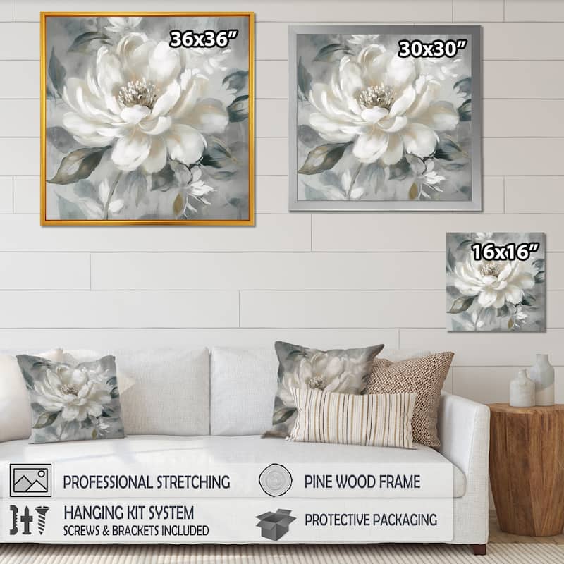 Designart "White Grey Peony Blooms In Motion I" Floral Peony Framed Canvas Art Print