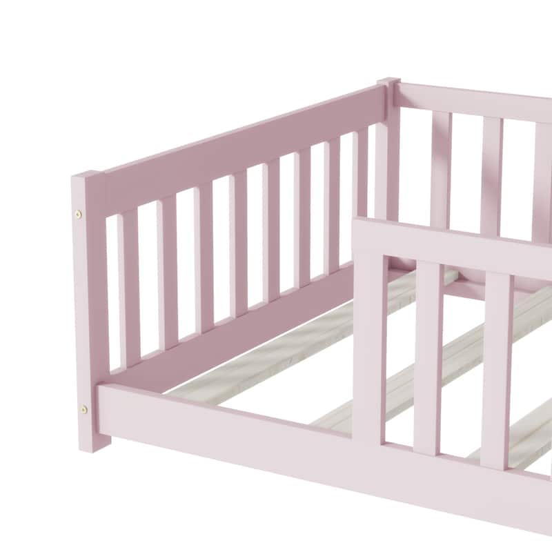 Twin Size Rubber Wood Floor Panel Bed with Safety Fence - No Door Version
