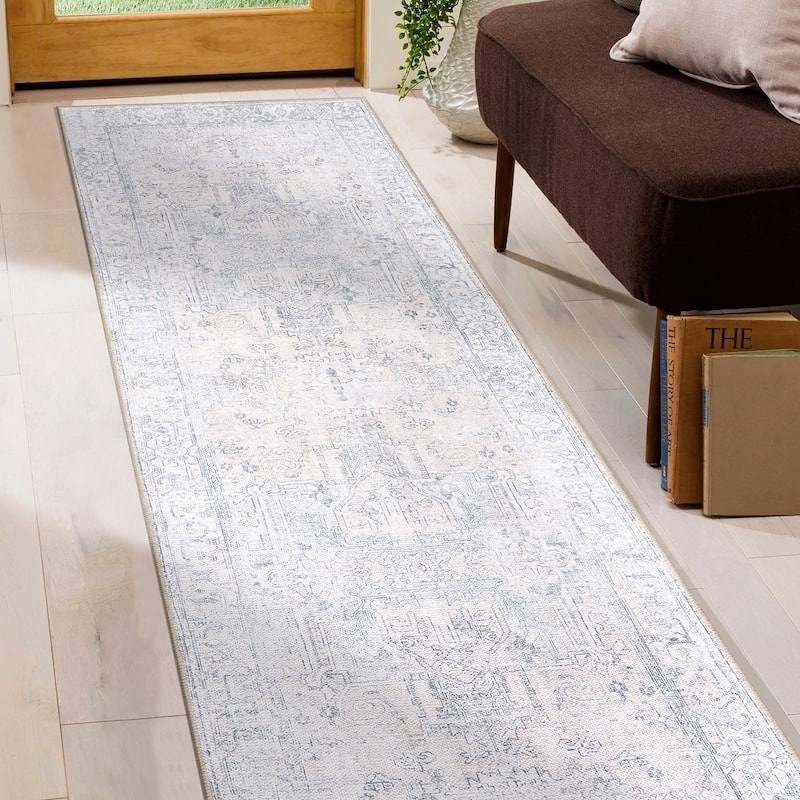 World Rug Gallery Vintage Inspired Distressed Machine Washable Area Rug - 2' 6" x 7' - Blue - Runner