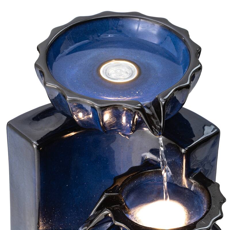 Glitzhome 26.75"H 3-Tiered Fluted Texture Ceramic Outdoor Floor Fountain with LED Lights
