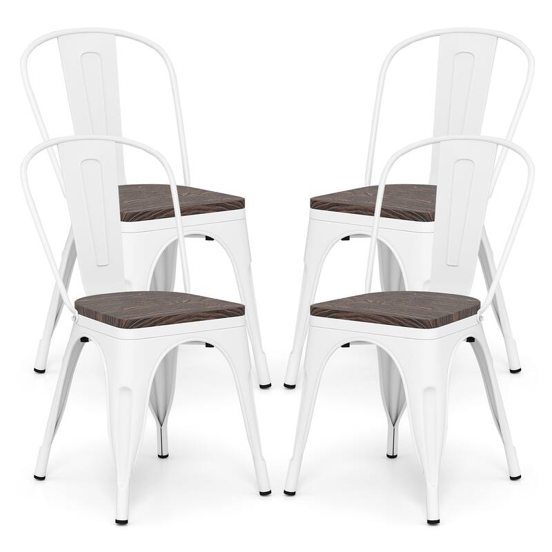 Gymax Metal Dining Chairs Set of 4 w/Wood Seat & Removable Backrest - White - Set of 4 - 4-Piece