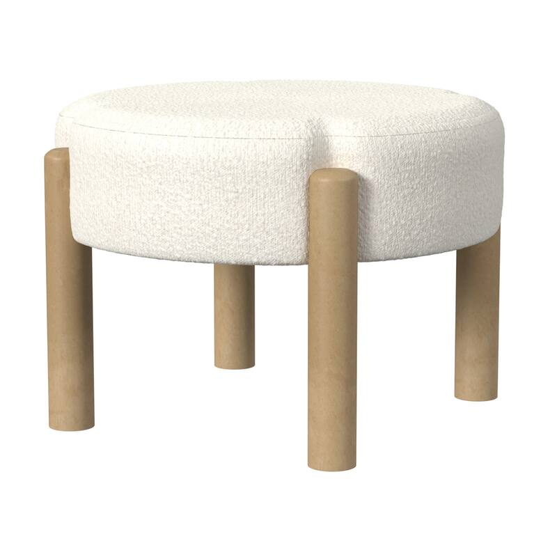 Eli 22 Inch Cream Boucle Ottoman Footstool on Natural Brown Hardwood Base