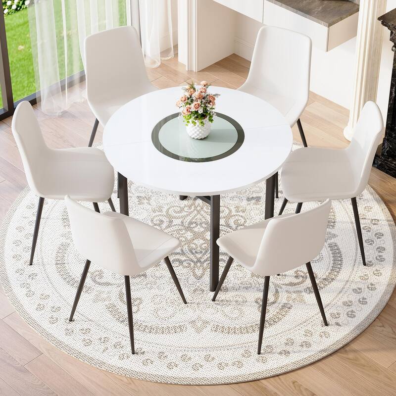 Minimalist Dining Table Set for 4, Round Dining Table and Faux Leather Chairs Set, 5-Piece Modern Dining Set with Lower Shelf - White+Black