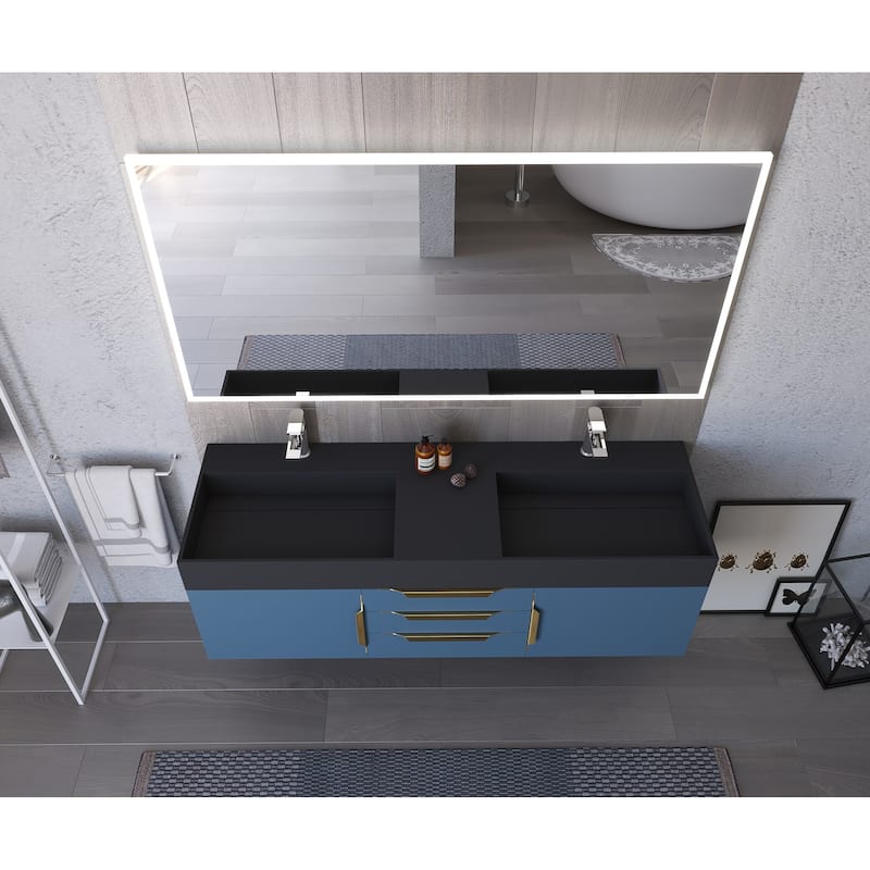 Amazon 60" Wall Mounted Bathroom Vanity Set w/ Black Top