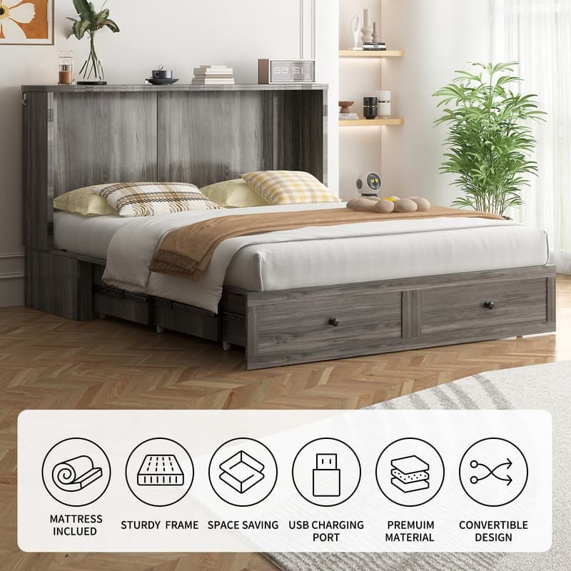 Mixoy Modern Queen Size Murphy Bed with 4.7''Mattress,USB ports,Storage Drawers
