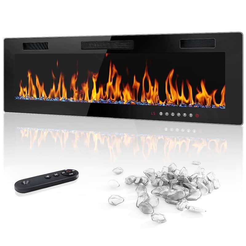 BOSSIN Electric Fireplace - Recessed or Wall Mounted Heater, 750/ 1500W, Adjustable Flame, Remote & Touch Control, Timer - 60INCH