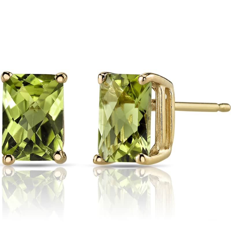 14k Yellow Gold Peridot Stud Earrings 2.03 ct Radiant Shape
