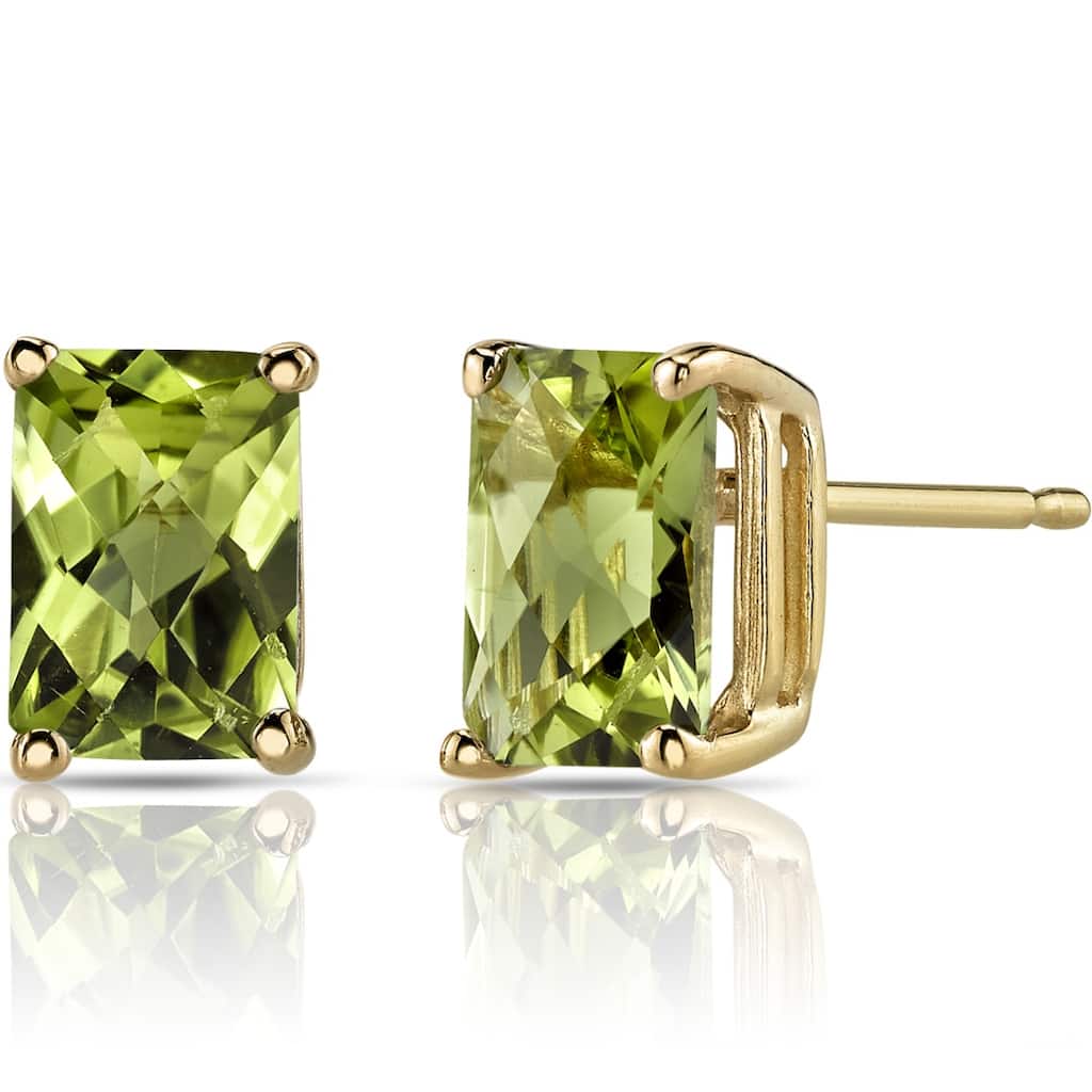 14k Yellow Gold Peridot Stud Earrings 2.03 ct Radiant Shape