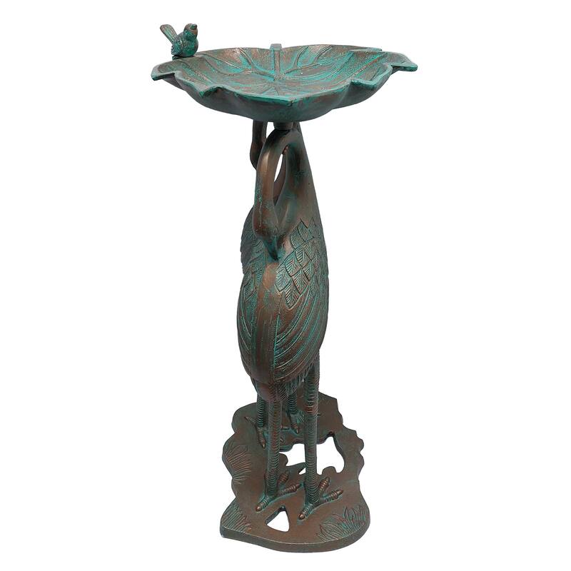 Cast Aluminum 30-in Twin Crane Bird Bath with Leaf Bowl