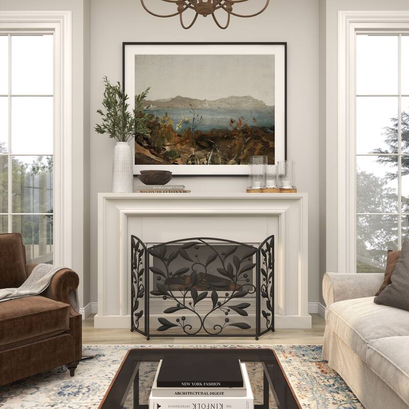Black Metal Foldable 3 Panel Scroll Fireplace Screen with Leaf and Vine Relief