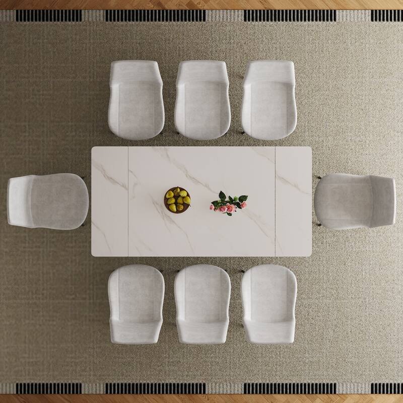 Retractable Sintered Stone Dining Table Set,steel table legs and a cross-leg structure at the bottom(Table + 8 Chairs)