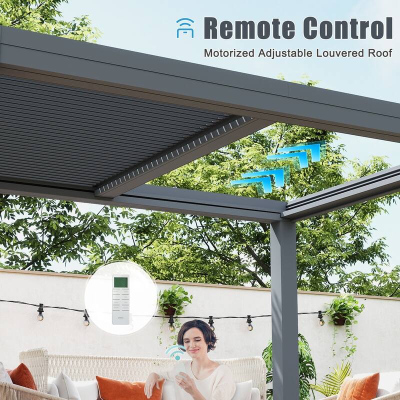 EROMMY Louvered Pergola 10x13, Aluminum Motorized Pergola with Adjustable Roof, 4 Patio Screens, Outdoor Shade and Rain Cover