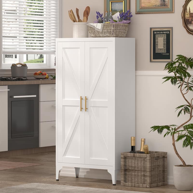 2 Doors Metal Storage Cabinet Kitchen Pantry Cabinet With Adjustable Shelves all Steel Cabinet Locker - White