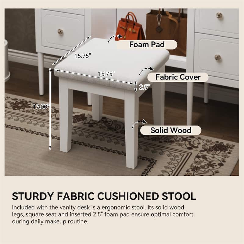 Makeup Vanity Desk with Triple Mirror, 6-Drawers and Stool