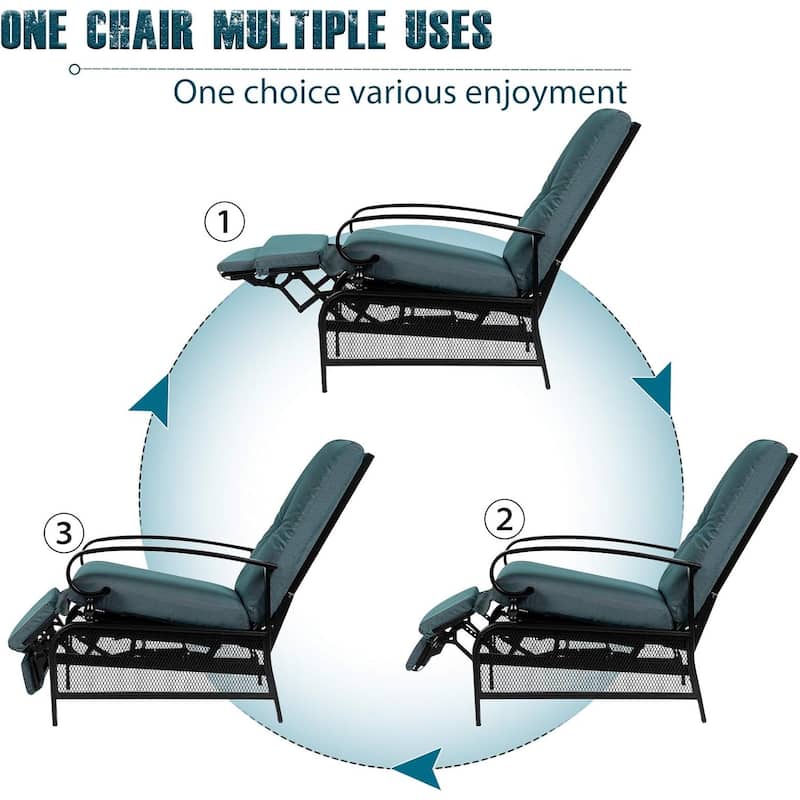 Outdoor Metal Patio Adjustable Recliner Lounge Chair & Bistro Table Set, Retractable Steel Frame and Removable Thick Cushion