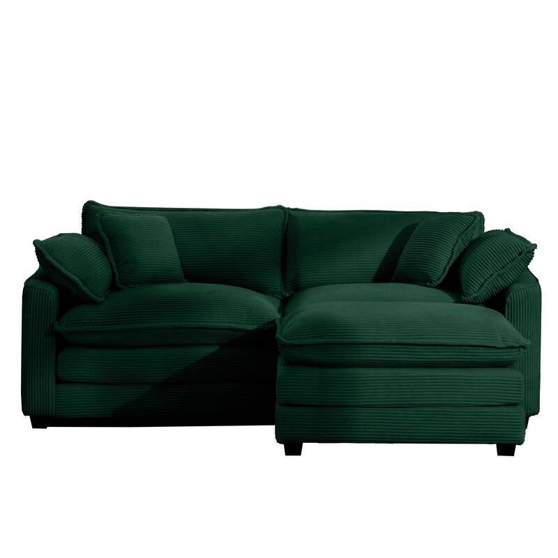 Green Corduroy Cloud Upholstered Modular L-Shaped Sectional Sofa with Removable Ottoman and 4 Pillows