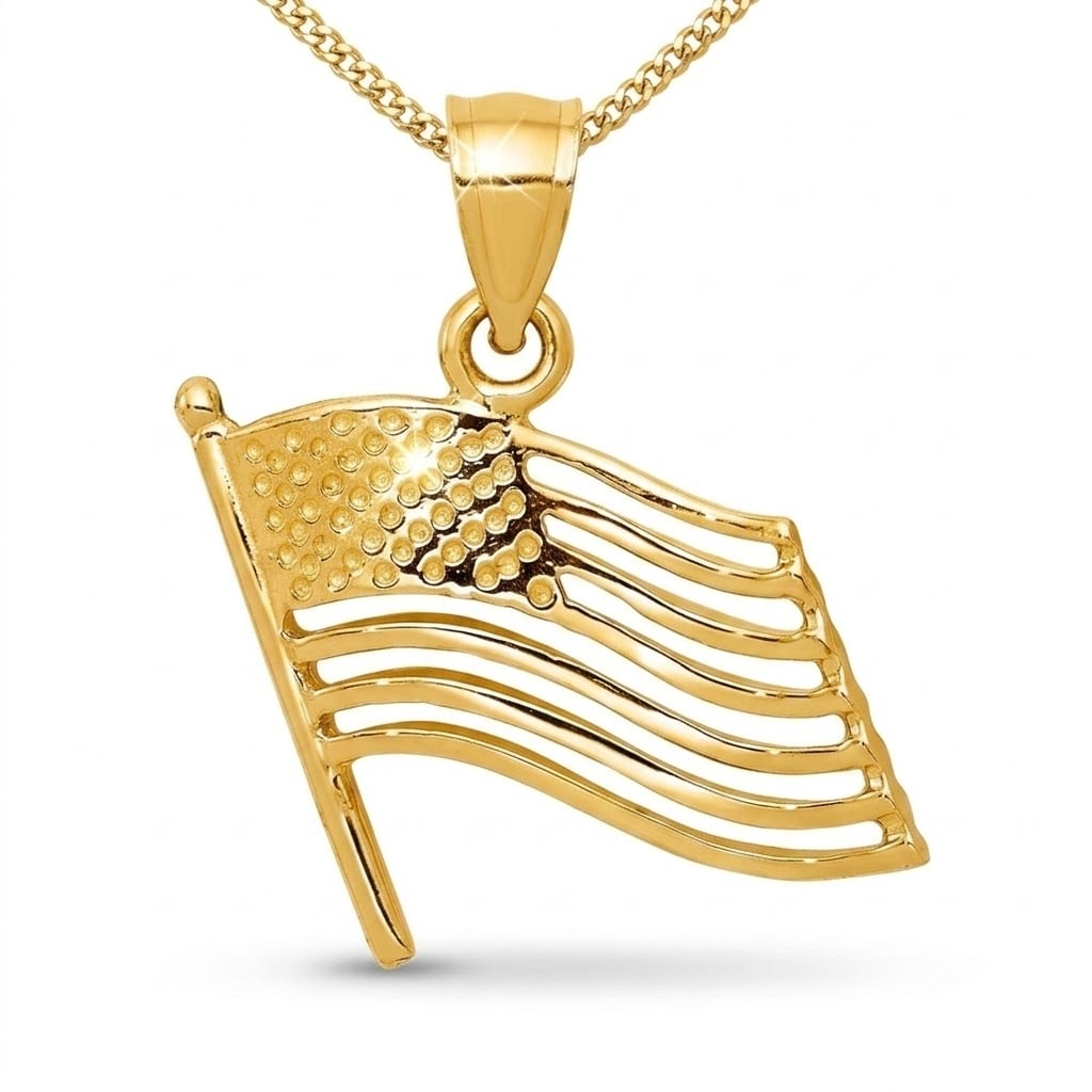 Curata 14k Yellow Gold 18" 23x15mm Cut-out Polished American Flag Pendant Necklace