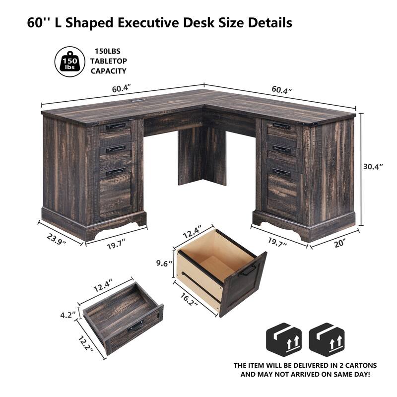 L Shaped Desk Set of 2, Wood Office Desk with Charging Station